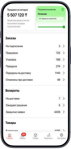 Кабинет продавца Kaspi.kz: продажи за день свыше 5,5 млн ₸ и показатель качества «Отлично»